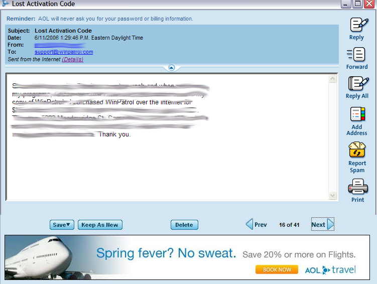 AOL Email form with advertising