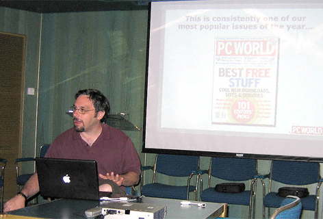 Harry McCracken tells the Geek Cruise audience about Free Stuff available on PC World