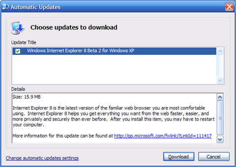 Auto Update of IE 8 beta software