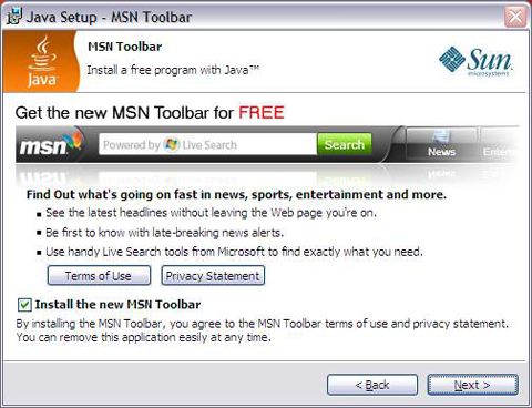 Sun Java promoting the MSN Toolbar