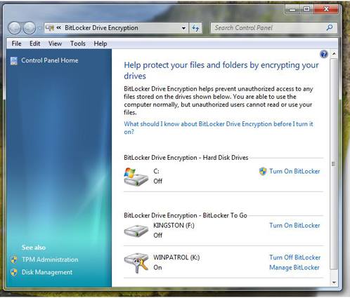 New Bitlocker in Windows 7 showing flash drives.