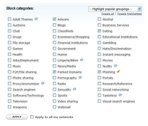 A list of catagories which can be blocked using OpenDNS