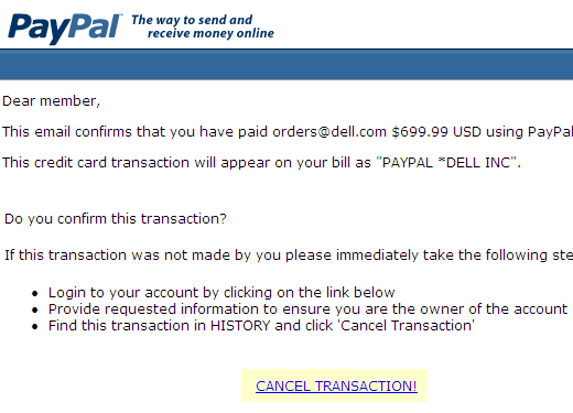 Paypah phish says you've purchased a Dell computer