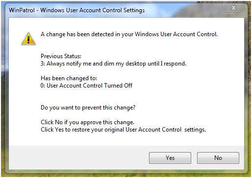 WinPatrol alerts you if someone disables User Account Control