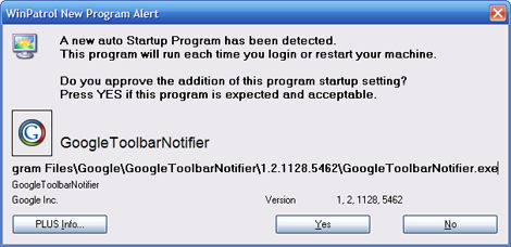 sample of a winpatrol alert when google toolbar notifier is detected